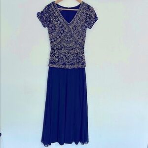 Pisarro nights blue navy and Gold Beaded Dress size 4